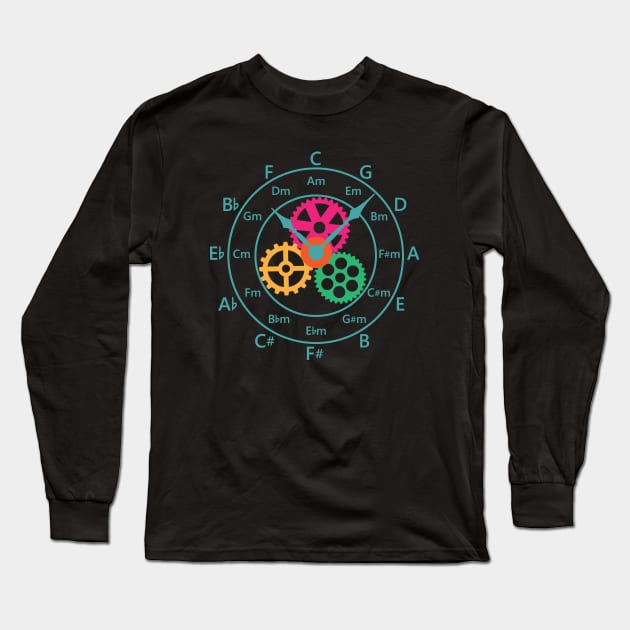 Circle of Fifths Mechanical Clock Style Teal Blue Long Sleeve T-Shirt by nightsworthy